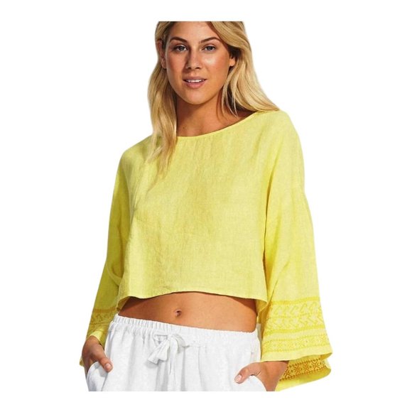 Seafolly Tops - Seafolly Large Bright Folk Lime Light Long Sleeve Boat Neck Linen Crop Top NWT